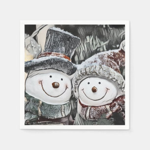 Winter, Christmas Snowman and Snow woman drawing Napkin
