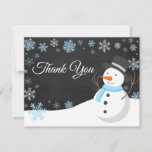 Winter Christmas Snowman Blue Thank You Card<br><div class="desc">Winter Christmas Snowman Snowflake Blue Thank You Card. Blue Snowman. Chalkboard Background. Black and White. Blue Snowflake. Love and Thanks, beautiful script font. Add your message on back or leave blank and hand write. For further customization, please click the "Customize it" button and use our design tool to modify this...</div>