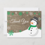 Winter Christmas Snowman Green Thank You Card<br><div class="desc">Rustic Winter Christmas Snowman Snowflake Green Thank You Card. Snowman. Burlap Background. Country Vintage Retro Barn. Green Snowflake. Love and Thanks, beautiful script font. Add your message on back or leave blank and hand write. For further customization, please click the "Customize it" button and use our design tool to modify...</div>