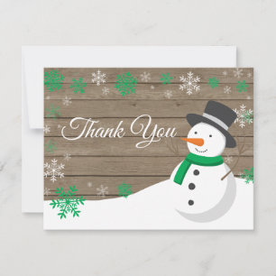 Winter Christmas Snowman Green Thank You Card