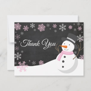 Winter Christmas Snowman Pink Thank You Card