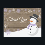Winter Christmas Snowman Purple Thank You Card<br><div class="desc">Rustic Winter Christmas Snowman Snowflake Purple Thank You Card. Purple Snowman. Rustic Wood Background. Country Vintage Retro Barn. Purple Snowflake. Love and Thanks, beautiful script font. Add your message on back or leave blank and hand write. For further customization, please click the "Customize it" button and use our design tool...</div>