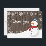 Winter Christmas Snowman Snowflake Thank You Card<br><div class="desc">Rustic Winter Christmas Snowman Snowflake Thank You Card. Snowman. Rustic Wood Background. Country Vintage Retro Barn. White Snowflake. Love and Thanks, beautiful script font. Add your message on back or leave blank and hand write. For further customization, please click the "Customize it" button and use our design tool to modify...</div>