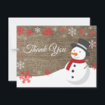 Winter Christmas Snowman Thank You Card<br><div class="desc">Winter Christmas Snowman Snowflake Red Thank You Card. Snowman. Burlap Background. Country Vintage Retro Barn. Red Snowflake. Love and Thanks, beautiful script font. Add your message on back or leave blank and hand write. For further customization, please click the "Customize it" button and use our design tool to modify this...</div>