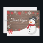 Winter Christmas Snowman Thank You Card<br><div class="desc">Rustic Winter Christmas Snowman Snowflake Red Thank You Card. Snowman. Rustic Wood Background. Country Vintage Retro Barn. Red Snowflake. Love and Thanks, beautiful script font. Add your message on back or leave blank and hand write. For further customization, please click the "Customize it" button and use our design tool to...</div>
