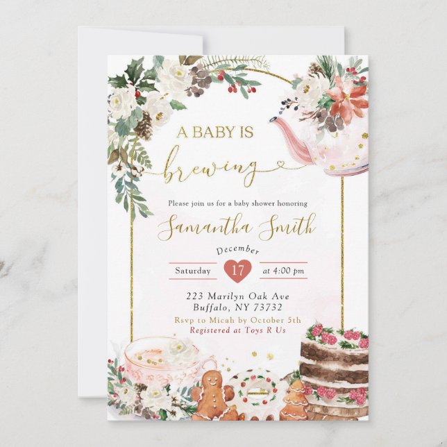 Winter Christmas Tea Baby is Brewing Invitation (Front)