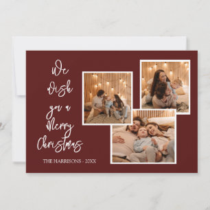Winter Christmas Three Photos Maroon Holiday Card