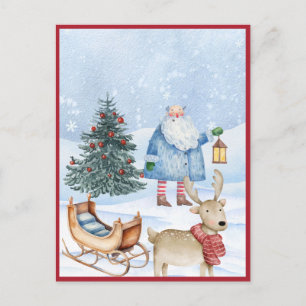 Winter christmas tree deer and santa holiday postcard