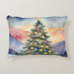 Winter Christmas Tree Snowy Sunset Scenery Accent Pillow