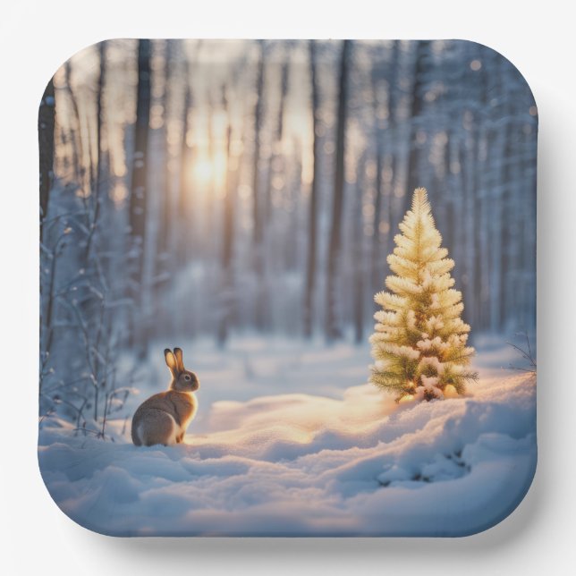 Winter Christmas Tree With Bunny Paper Plate (Front)