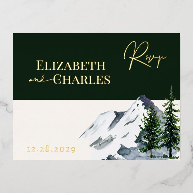Winter Christmas Trees Mountains Holiday RSVP Card (Front)