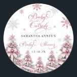Winter Christmas Trees Snowflakes Pink Baby Shower Classic Round Sticker<br><div class="desc">Show your gratitude in style with the Winter Christmas Tree Snowflakes Pink Baby Shower Thank You Square Sticker. Featuring a lovely pink background adorned with elegant Christmas trees and delicate snowflakes, this sticker beautifully captures the essence of a cozy winter celebration. Perfect for sealing thank-you notes, gift bags, or party...</div>