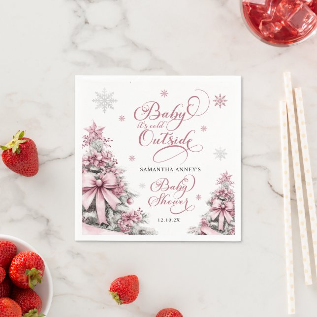 Winter Christmas Trees Snowflakes Pink Baby Shower Napkin (Insitu)