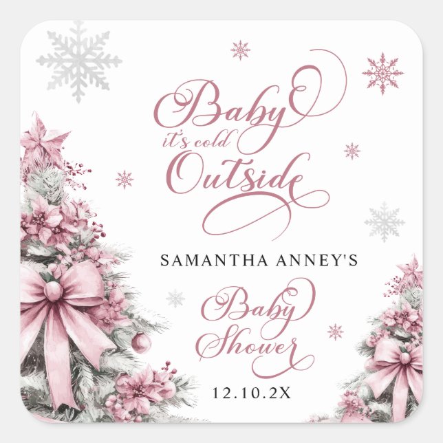 Winter Christmas Trees Snowflakes Pink Baby Shower Square Sticker (Front)