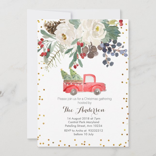 Winter Christmas Truck Christmas Floral Invitation (Front)