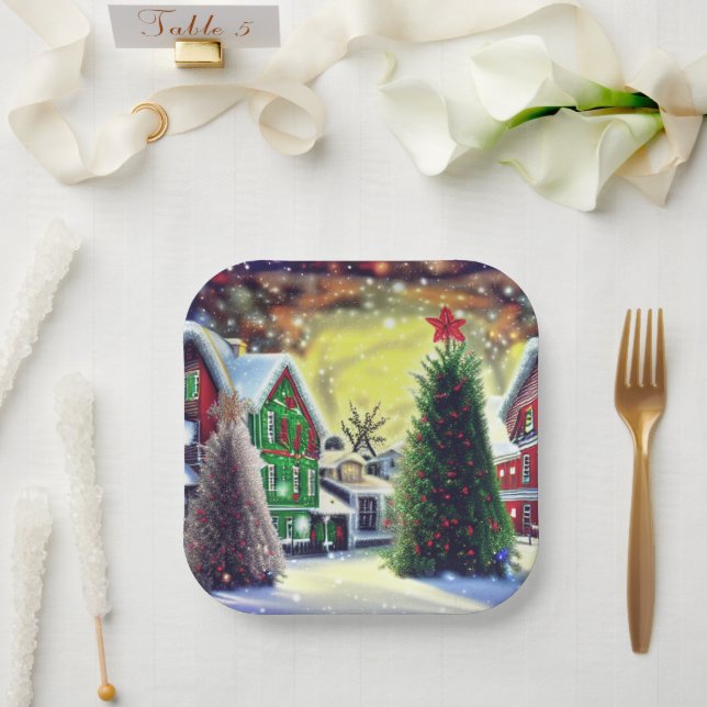 Winter Christmas Village Scene Paper Plate (Wedding)