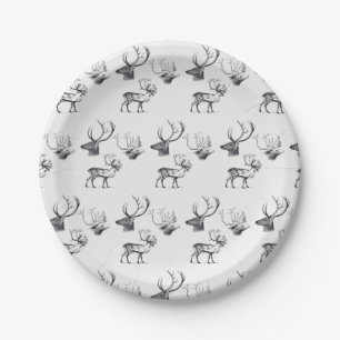 Winter Christmas Vintage Deer Head Antlers Pattern Paper Plate