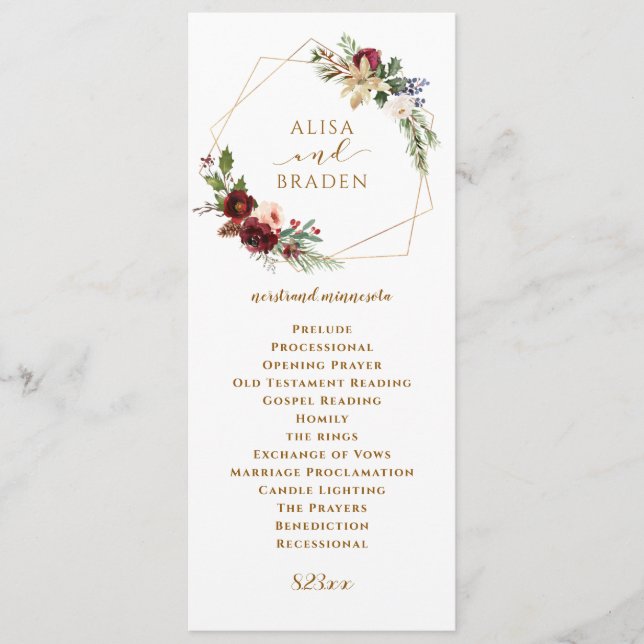 Winter Christmas Wedding Burgundy Watercolor Boho Program (Front)