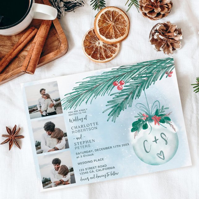 Winter Christmas wedding initials 4 photos grid Invitation (Creator Uploaded)