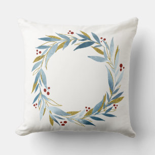 Winter Christmas Wreath from Blue Gold Branches Throw Pillow