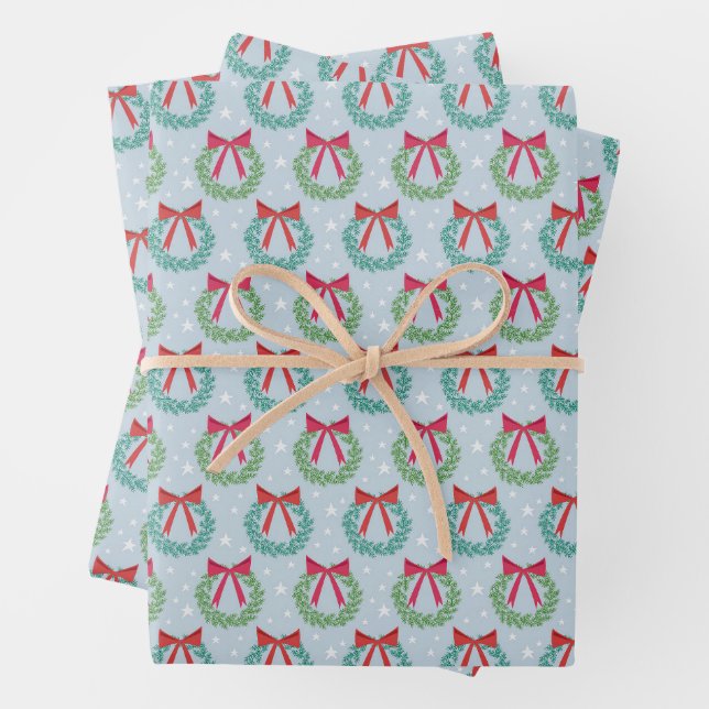 Winter Christmas Wreaths with Bows Retro Inspired  Wrapping Paper Sheet (In situ)