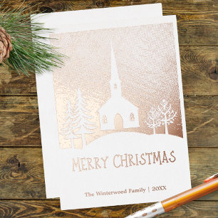 Winter Church in Snow Personalized Merry Christmas Foil Holiday Card