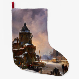 Winter Cityscape With Frozen River Classical Art Large Christmas Stocking