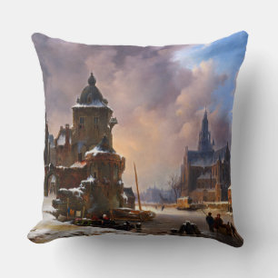 Winter Cityscape With Frozen River Classical Art Throw Pillow