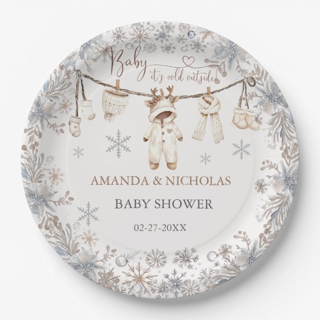 Winter Clothes Baby Cold Outside Baby Shower Paper Plate (Front)