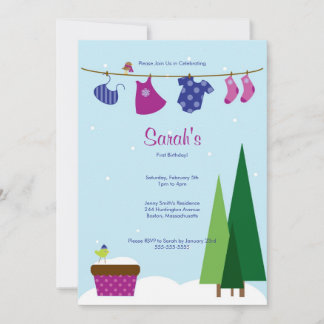 Winter Clothesline Baby Girl Birthday Party Invite
