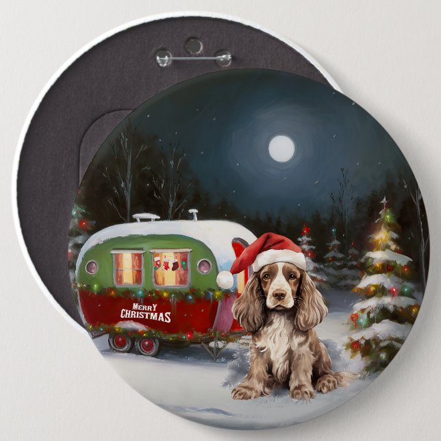 Winter Cocker Spaniel Caravan Christmas Adventure 6 Inch Round Button (Front & Back)