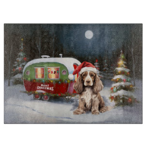 Winter Cocker Spaniel Caravan Christmas Adventure Cutting Board