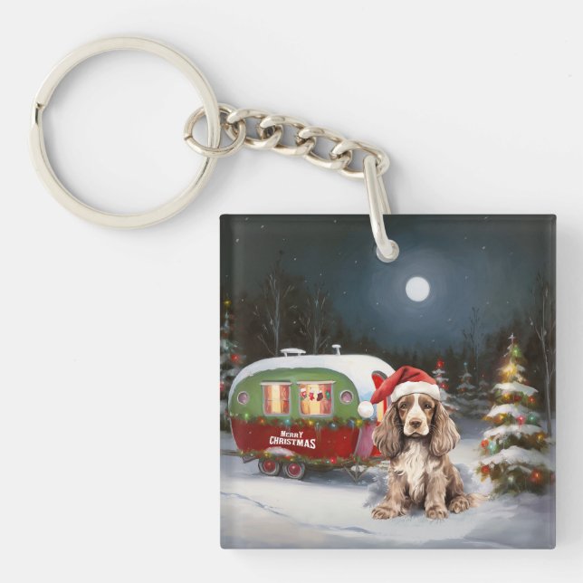Winter Cocker Spaniel Caravan Christmas Adventure Keychain (Front)