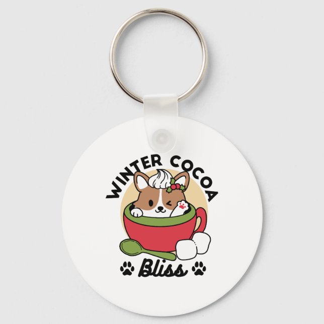 Winter Cocoa Bliss - Cute Dog in Mug Design Keychain (Front)