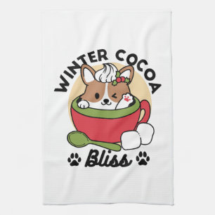 Winter Cocoa Bliss - Cute Dog in Mug Design Kitchen Towel