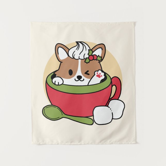 Winter Cocoa Bliss - Cute Dog in Mug Design Tapestry (Front)