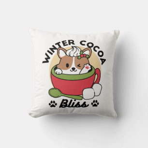 Winter Cocoa Bliss - Cute Dog in Mug Design Throw Pillow