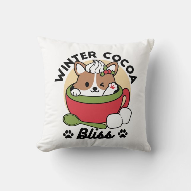 Winter Cocoa Bliss - Cute Dog in Mug Design Throw Pillow (Front)