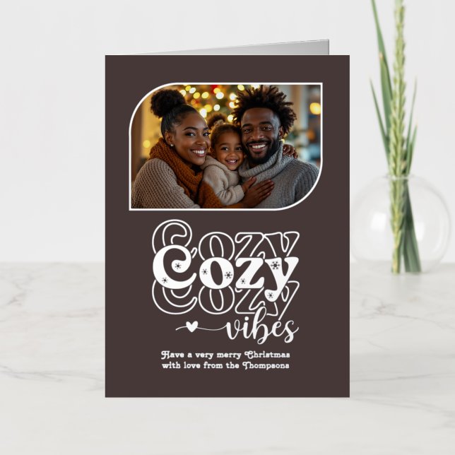 Winter Cocoa Cozy Vibes Christmas Photo Foil Holiday Card (Front)
