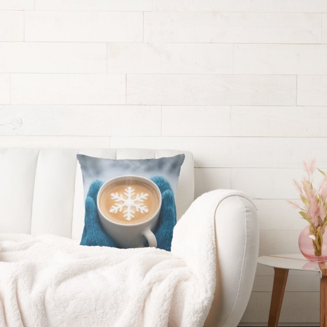 Winter Coffee With Mittens and Snowflake Throw Pillow (Couch)