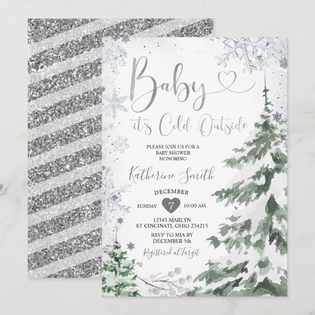 Winter Cold Baby Shower Forest Silver Snowflakes Invitation (Front/Back)