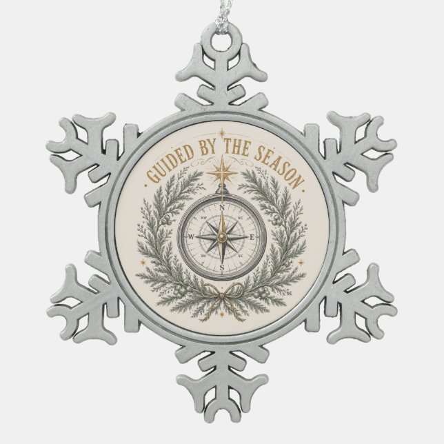 Winter Compass Snowflake Tree Keepsake Pewter Christmas Ornament (Front)