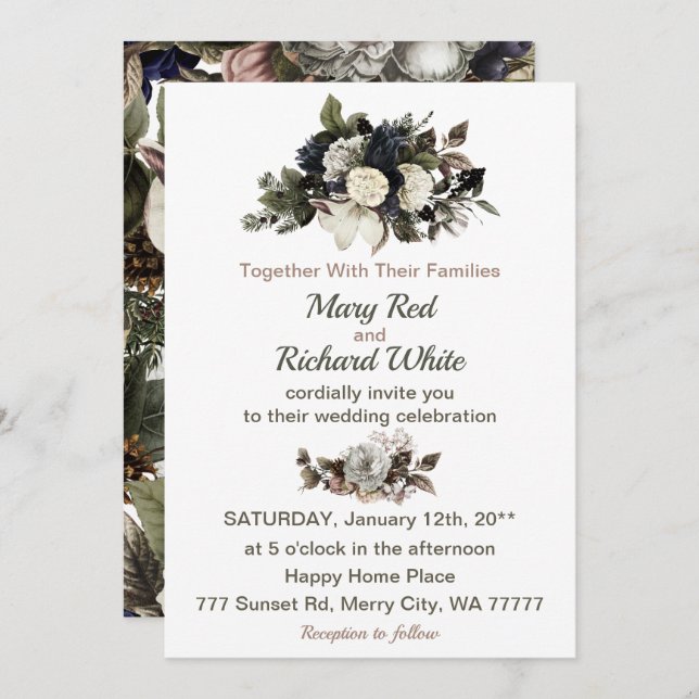 Winter Conifer Floral Magnolia Peony Roses Wedding Invitation (Front/Back)