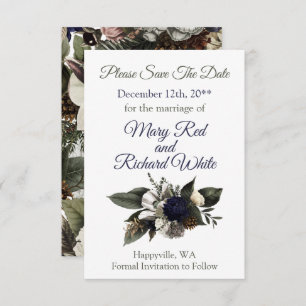 Winter Conifer Floral Navy Cream Peony Wedding Save The Date