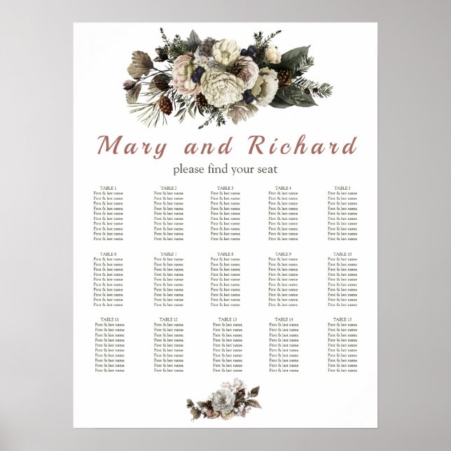 Winter Conifer Floral Peony Wedding Seating Chart (Front)
