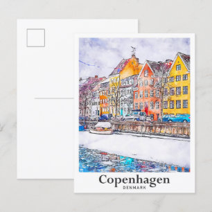 Winter Copenhagen Denmark Watercolor Hand Drawn Postcard