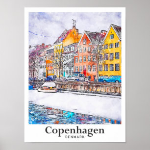 Winter Copenhagen Denmark Watercolor Hand Drawn Poster