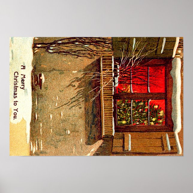 Winter Cottage Candlelit Christmas Tree Window Poster (Front)