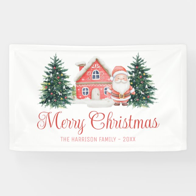 Winter Cottage Christmas Trees Santa Banner (Horizontal)