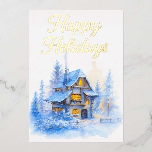 Winter Cottage Holiday Card Cozy Snowy Scene (Front)